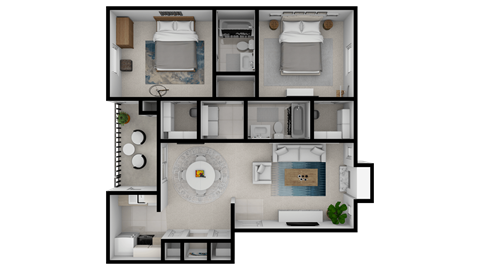 Floor plan for 2 beds, 2 baths, 940 sqft